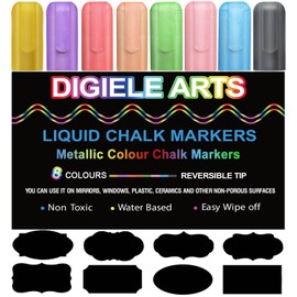 DIGIELE Metallic Chalk Pens, 8 Colours Chalk Pen, Dry or Wet Wipe Clean, 6 mm Pen Tip Chalk Marker for Blackboard, Window, Glass and Whiteboard, 4 Liquid Chalk Pens with 32 Blackboard Stickers