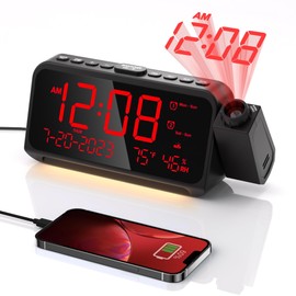 Projection Alarm Clock for Bedroom,Digital Clock with 350° Rotatable Projector,5-Level Dimmer,Dual Alarm with Weekday/Weekend Mode,Adjustable Volume,Temp,Humidity,Calendar,Snooze,12/24H,Night Light