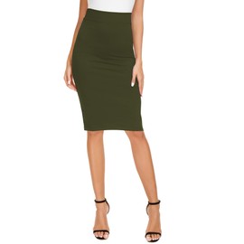 Women's Elegant Business Solid Elastic Pencil Skirt High Waist Bodycon Midi Skirt, Army Green