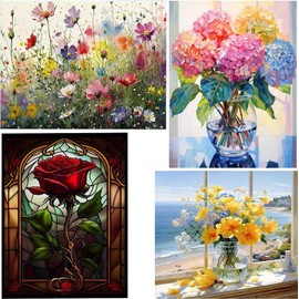 4 Pack Stamped Cross Stitch Kits for Adults Beginner, Flower Counted Cross Stitch Kits Printed Stitching Cute Patterns Dimensions Needlepoint Art Crafts Embroidery Kits for Adults Beginners