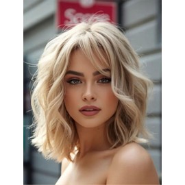 Webshaiy Platinum Blonde Wigs for Women, Short Curly Wavy Layered Bob Wig with Side Bangs, Ready To Go Natural Synthetic Glueless Wig Fringe with Dark Roots