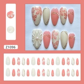 Mkwntg 24Pcs Flower Press on Nails Medium Almond Fake Nails with 3D Pearl Ice Flower Design Gold Bow Line Acrylic False Nails Spring Summer Floral Full Cover Stick on Nails for Women Manicure Decor