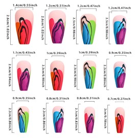 Press on Nails Medium Square Nails Colorful False Nails Black Lines Design French Fake Nails Artificial Acrylic Nails Full Cover Glossy Reusable Coffin Nails Glue on Nails for Women 24Pcs