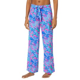 Lilly Pulitzer PJ Woven Pants for Women - Mid-Rise Design with Drawstring Closure, Multi-Colored Prints, Stylish, and Comfortable Plumeria Pink Untamed Hearts XXS One Size