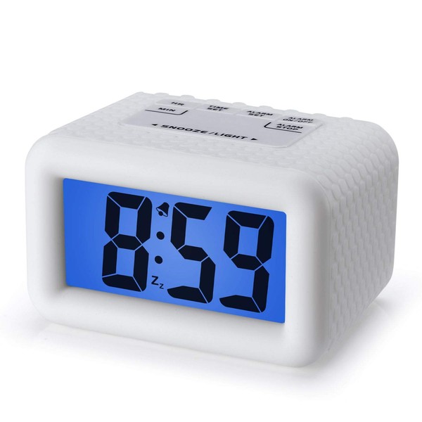 Plumeet Digital Clock - Kids Alarm Clocks with Snooze and Backlight - Simple Travel Clocks Large LCD Display - Ascending Sound and Handheld Sized - Good for Kids (White)
