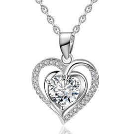 RANKEEF Silver Necklaces for Women Sterling Silver Heart Pendant Necklace Exquisite Womens Adjustable White Crystal Heart Necklace for Women