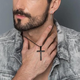 Philippians 4:13 Black Cross Pendant Necklace for Men Bible Verse Stainless Steel Christian Necklaces Engraved I Can Do All Things Through Christ Who Strengthens Me 30 Inches