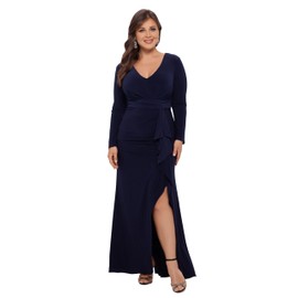 Betsy & Adam Women's Size Long Sleeve Stretchy Formal Dress (Available in Plus), Navy