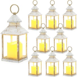 Sumind 8 Pack 9" White Decorative Candle Lantern with Flameless Candle White Wood Grain Lantern Hanging Vintage Rustic Farmhouse Decor Wedding Decoration Table Centerpiece for Indoor Outdoor Party
