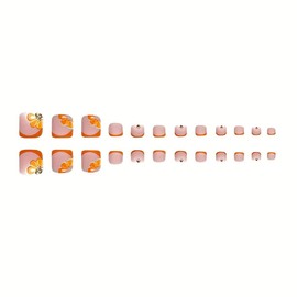 Orange Press on Nails French Tip Press on Toenails Set Bear Glue on Nails with Diamond Design Flower Stick on Toe Nails 3d Butterfly False Nails Glossy Full Cover Acrylic for Women Manicure 48Pcs
