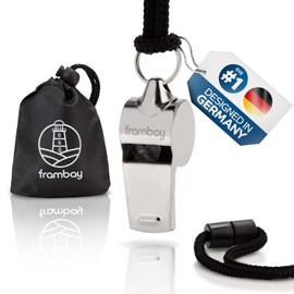 Frambay premium whistle - professional whistle with excellent sound - versatile whistle for children, teachers and referees - practical whistle with carry bag and collar, silver