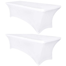 Obstal 6ft Stretch Spandex Table Cover - 2 Pack Universal Rectangular Fitted Tablecloth Protector for Wedding, Banquet and Party, White