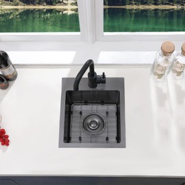 VESLA HOME Black Bar Sink Drop in, 15 x 17 Inch Topmount RV Small Kitchen Sink, Handmade Stainless Steel Wet Bar Sink, Outdoor Single Bowl Prep Sink with Dish Grid & Drain