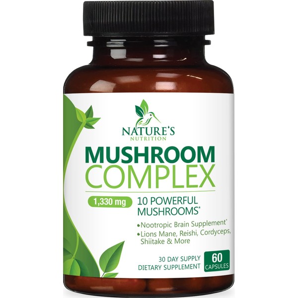 Mushroom Supplement - 10 Mushroom Complex Blend - Lions Mane, Reishi, Turkey Tail, Chaga, Cordyceps, Shiitake, Maitake - Nootropic Brain Supplement, Memory, Focus, Immune Health Support - 60 Count
