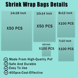 400Pcs Shrink Wrap Bags - Clear Heat Shrink Wrap POF Heat Seal Bags for Cookies, Soap, Gift Baskets, Homemade DIY, 14x18 Inch,10x14 Inch, 8x12 Inch, 7x10 Inch, 4x6 Inch
