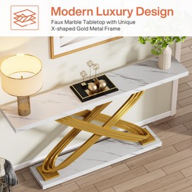 Tribesigns 55 Inch Modern Console Table, Faux Marble Gold Entryway Table Behind Sofa Couch, Narrow Rectangular Sofa Table for Living Room, Bedroom, Front Hall, Hallway, Gold & White