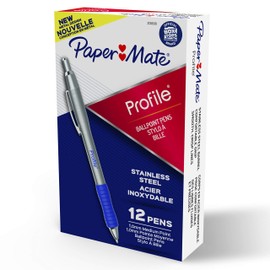 Paper Mate Profile Ballpoint Pens, Retractable Pen with Stainless Steel Barrel, 1.0 mm, Blue Ink, 12 Count