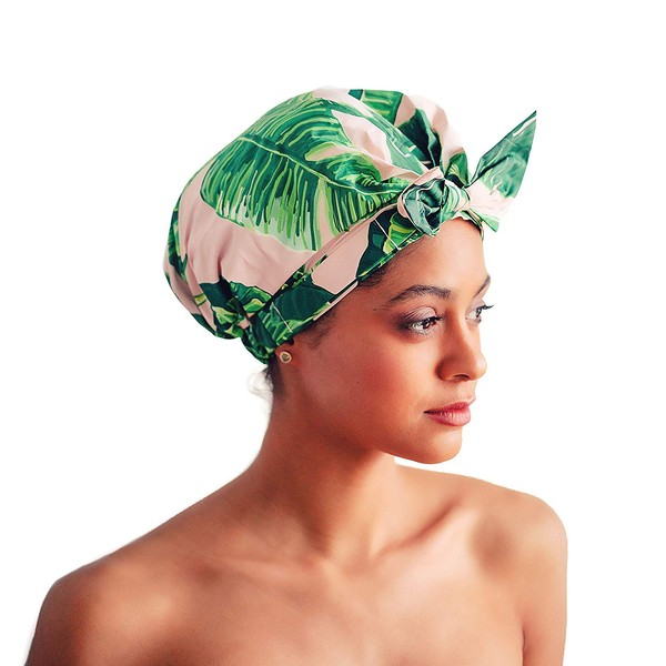 Kitsch Luxury Shower Cap for Women - Waterproof, Reusable Shower Caps (Palm Leaves)