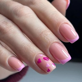 24Pcs Valentines Press on Nails Medium French Tip Fake Nails Love Heart Glue on Nails with Designs Valentines Nails Pink Coffin Nail Tips Full Cover False Nails Valentines Day Acrylic Nails for Women