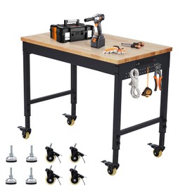 48" x 24" Garage Workbench, Adjustable Height Workbench with Rubberwood Top, 2000 LBS Heavy Duty Work Table with Power Outlets, Locking Wheels, Garage Tool Work Bench for Workshop, Office, Home