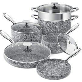 MICHELANGELO Stone Cookware Set 10 Piece, Ultra Nonstick Pots and Pans Set with Stone-Derived Coating for Kitchen, Granite - 10 Piece