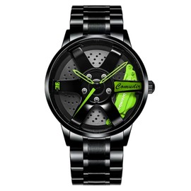 RWXCOW Men's watch creative watches, car wheel rim hub watch, car wheel rims hub watch, men's sports waterproof watch, 3D car wheel rim hub quartz men's watch, Black steel belt green needle, Bracelet