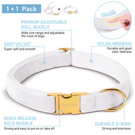 GAMUDA Velvet Dog Collar and Leash, Super Soft and Smooth, Heavy Duty Gold Buckle, Comfortable and Easy to Clean, Adjustable Collar for Dog (XS, White)