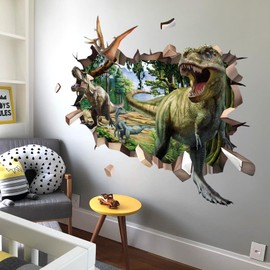 decalmile Wall Tattoo Dinosaur 3D Wall Breakthrough Wall Sticker Jurassic World Dino Wall Sticker Boys Living Room Bedroom Children's Room Wall Decoration
