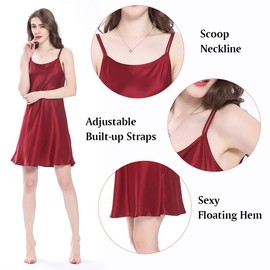 LILYSILK Women's 100% Pure Silk Nightdress Short Low Scoop Back Ladies Chemise Nightwear 19 Momme Pure Silk Nighties for Women（Claret,M）