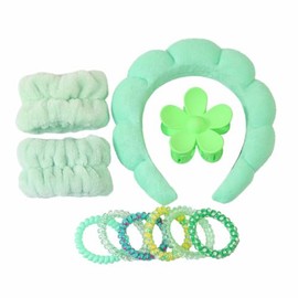 Spa Headband & Wristband Set Skincare Headband & Wrist Bands for Washing Face Makeup Hair Scrunchies Flower Hair Claw Clips Sponge Facial headband & wrist towels for Women (Green, One size)