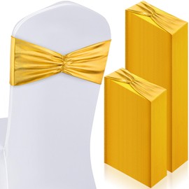 Hahafelt 100 pcs Chair Sashes Shiny Bow Spandex Bands for Chair Wedding Banquet Parties Reception Restaurant Decoration, Gold