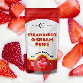 Raven Candy Strawberry & Cream Puffs Freeze Dried Candy, 1.5 oz Unique Candy Snack, Fruit Snack, Gluten-free, All-natural, Delicious Candy Alternatives ASMR