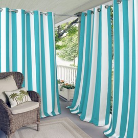Elrene Home Fashions Indoor/Outdoor Patio Gazebo Pergola Cabana Stripe Grommet Top Single Panel Window Curtain Drape, 50 Inch Wide X 95 Inch Long, Turquoise (1 Panel)