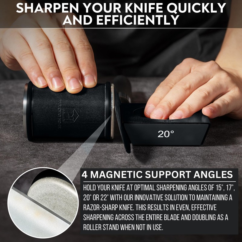 Black Roller Sharpener for Knives with Leather Strop - Knife