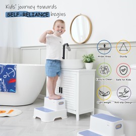 Harwaya Blue Toddler Step Stool for Bathroom Sink, 2 Step Stool for Kids Kitchen, Heavy Duty Step Stool for Toddlers Toilet Potty Training (2 Pack, White-Blue)