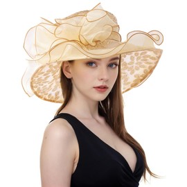 ELLYDOOR Organza Church Derby Hat Women Sparkling Leaf Wide Brim Fascinator Hats Bridal Wedding Tea Party Hat Gold