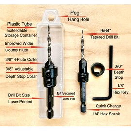 FTG USA Countersink Drill Bit Set 2 Pc #6 (9/64") Wood Countersink Drill Bit, Pro Pack Countersink Set, Tapered Countersink Bit, Stop Collar, Hex Wrench, Woodworking Countersink Drill Bits