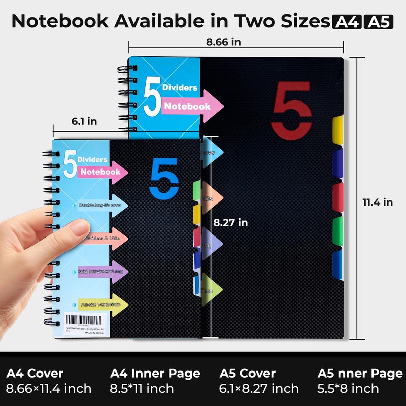 CAGIE 5 Subject Notebook with Dividers 220 Pages Spiral Notebooks