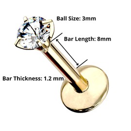 PiercedOff Titanium Gold Tone PVD Labret with Internally Threaded Clear CZ Gem - Thickness 16GA (1.2mm) / Length 6mm / Ball Size 3mm