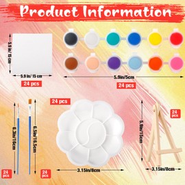 Gabotrie 24 Pcs Canvas Boards and Easel Acrylic Paint Set, 5.9x5.9In Canvas with Easel, 24 Mini Painting Canvas, 48 Brushes, 24 Palettes, 12 Colors Washable Acrylic Paint Strips for Art Painting Party