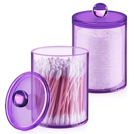 2 Pack Qtip Holder, Apothecary Jars Holder Dispenser, Bathroom Jars with Lids Set for for Cotton Swabs, Balls, Pads, Floss Picks,10oz-12oz Plastic Canisters(Purple)