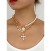 Pearl Cross Necklace with Vintage Seal Inlaid Pearl Necklace Gold