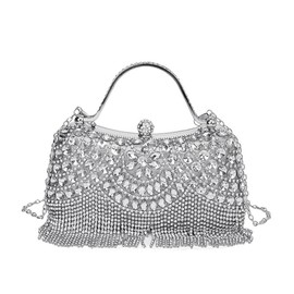 TEXIJUSO Handbag Shoulder Bag, Silver Clutch Bag for Women, Fashion Rhinestone Bucket Evening Bag for Wedding Formal Evening Prom Party Club