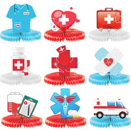 9 Pcs Nursing Graduation Party Decoration Honeycomb Table Centerpieces,2024 Red Blue Nurses' Day Congrats Nurse Table Topper Sign Nurses & Doctors Theme Table Centerpieces for Nurses Party Supplies