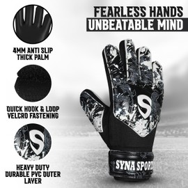 SYNA SPORTS Soccer Goalkeeper Gloves for Kids Boys Youth, Soccer Goalie Gloves 4MM Anti-Slip Resistant Latex Palm Double Wrist Support, All Weather Football Gloves (Black, 3)