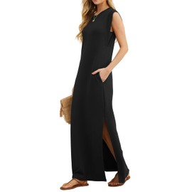 GRECERELLE GRECERELLE Womens Summer Maxi Dress Casual Shirt Dresses Elegant Styles Basic Sleeveless Maxi Dresses for Women UK with Split and Pockets (Black, L)