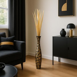 Leewadee Large Floor Vase – Handmade Flower Holder Made of Wood, Sophisticated Vessel for Decorative Branches and Dried Flowers, 28 inches, Black Golden