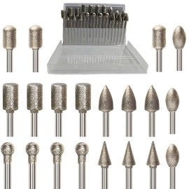 20Pcs Diamond Grinder Bit 1/8" Shank,Stone Carving Set Polishing Diamond Burrs, Rotary Tools Accessories Grinding Burrs for Stone Glass Resin Porcelain Ceramic Quartz Glaze Steel Carve Engrave Polish