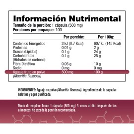 Aguaje Natural Peruano 1500 mg por porción (3 al día) 100 Cápsulas S&V Sin Gluten y Sin OMG
