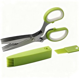 Bestac 5-Blade Herb Scissors Kitchen & Cooking Shears Sharp Stainless Steel, Effortless Cutting with Protective Cover (Green)